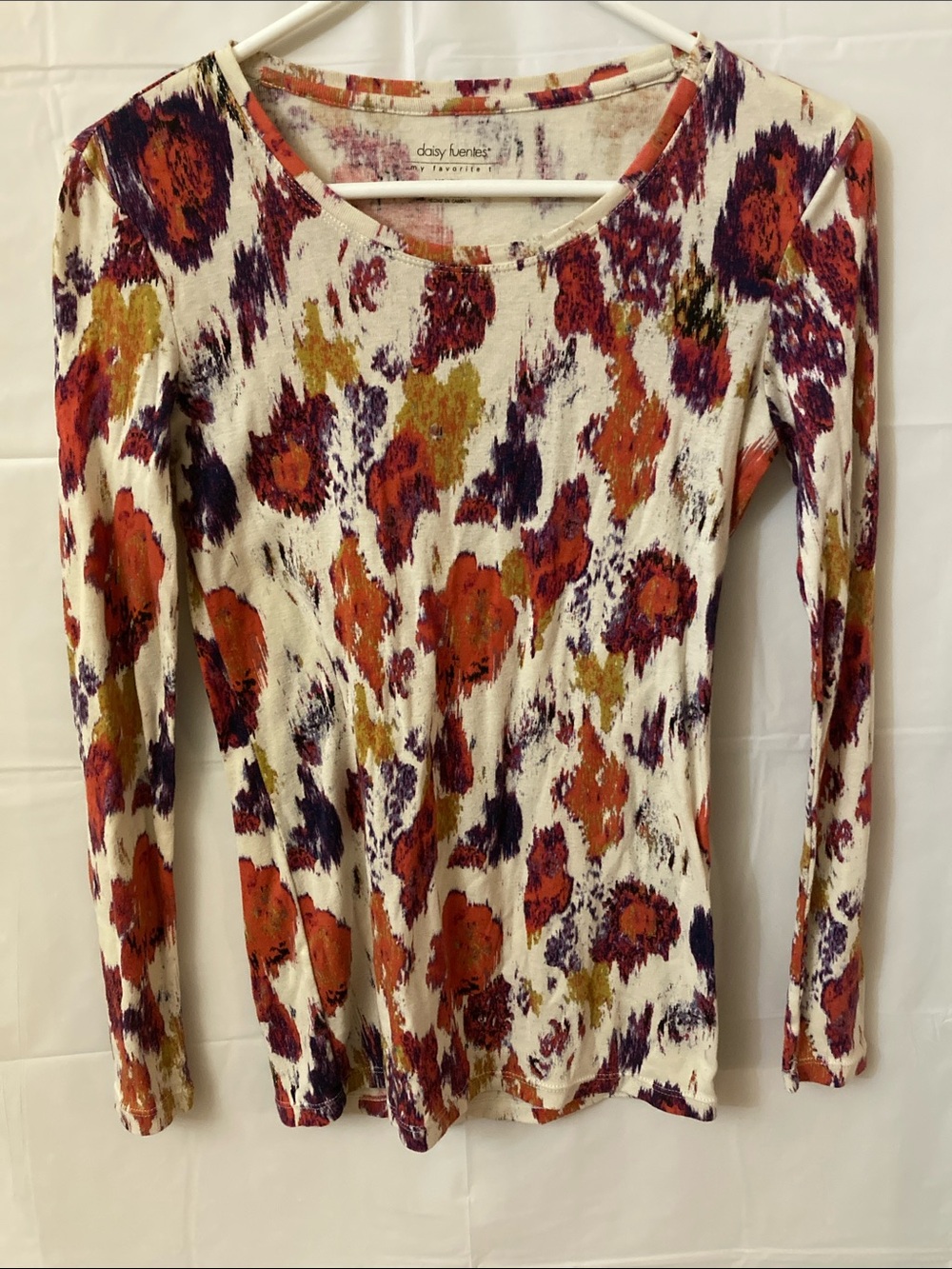 Daisy Fuentes Cream Long-Sleeve Floral Print Tee with Red & Purple Accents